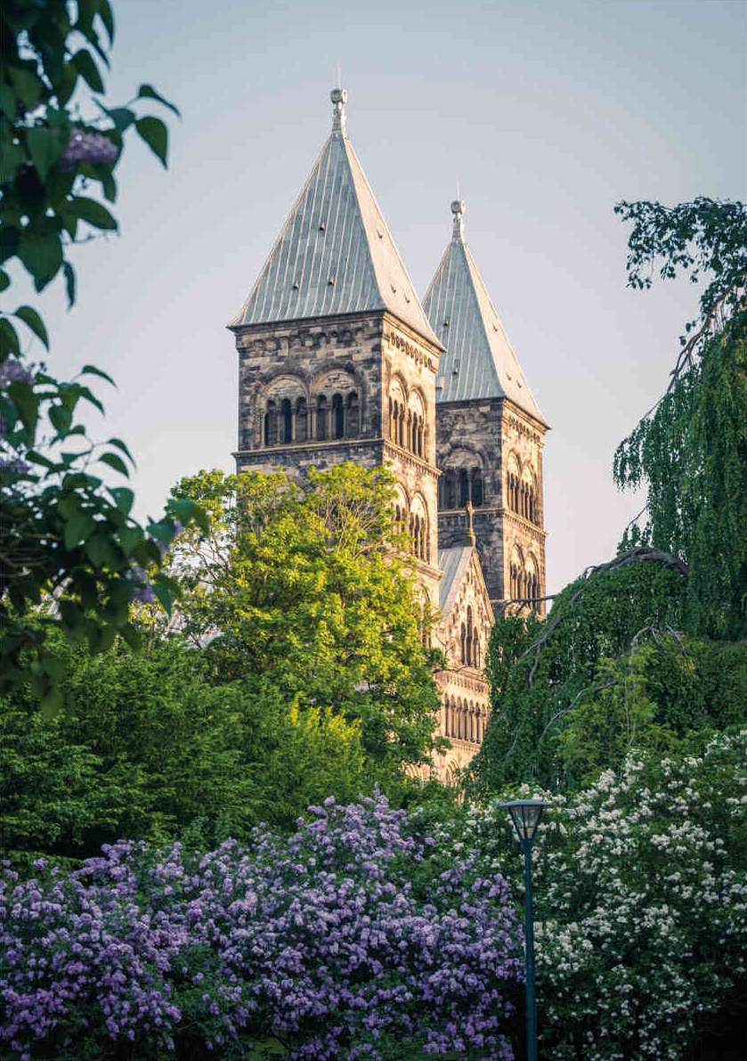Lund Cathedral's twin Romanesque towers seen through lilac bushes